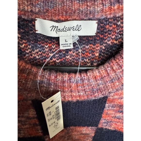 NWT Madewell Checkered Pullover Sweater Boxy Cropped Navy Blue Pink Size Large - Picture 10 of 13